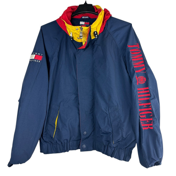 Vtg 90s Tommy Hilfiger Spell Out Flag on Sleeve Full Zip Hooded Jacket XXL *Flaw - Picture 3 of 13